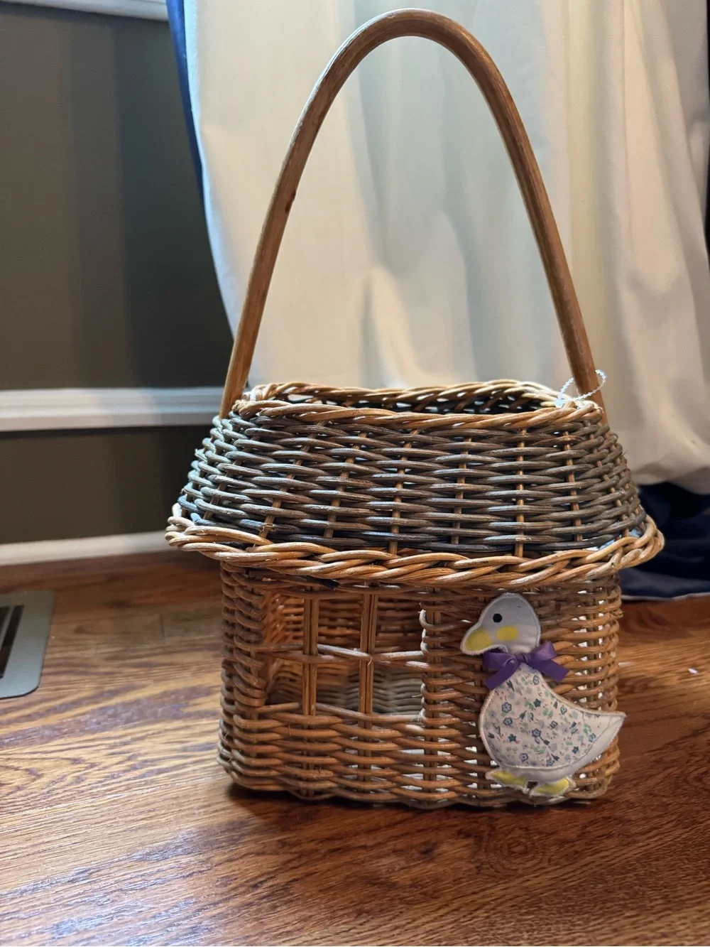 Woven Rattan Basket with Duck Accent and small cutout window- Brown with blue